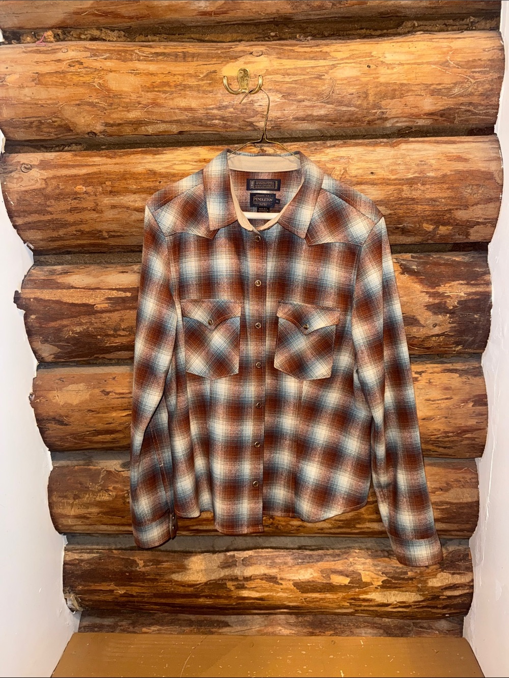 😍Virgin Wool Vintage XL Pendleton Plaid Western Shirt Jacket in Brown and Blue